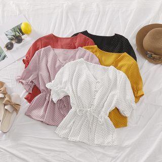 Short-sleeve Dotted Drawstring-waist Blouse