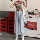 Striped Short-sleeve T-shirt / High-waist Wide-leg Jeans