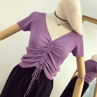 Drawstring Short-sleeve Cropped Rib Knit Top