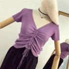 Drawstring Short-sleeve Cropped Rib Knit Top