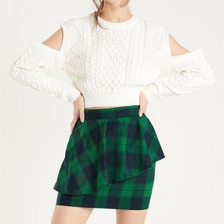 Plain Mock-neck Long Sleeve Cut-out Cropped Sweater