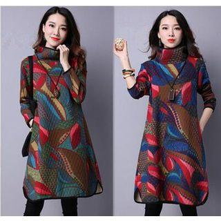Printed High Neck Long Sleeve Padded Dress