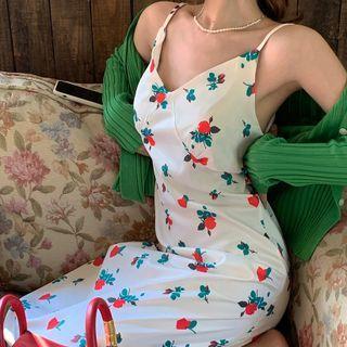 Spaghetti-strap Floral Midi Sheath Dress Flowers - White - One Size