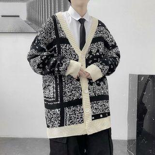 V-neck Printed Button-up Oversize Cardigan