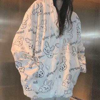Long-sleeve Printed Zip-up Hoodie White - One Size