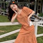 Checked Short-sleeve Midi Dress Window Pane - Orange - One Size