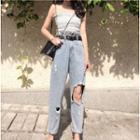 Dotted Spaghetti-strap Top / Ripped Straight Cut Jeans