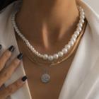 Set Of 3: Layered Faux Pearl Chain Necklace 1785 - Gold - One Size