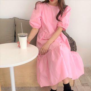 Elbow-sleeve Midi A-line Dress Pink - One Size