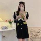Short-sleeve Print Panel Heart Button A-line Dress