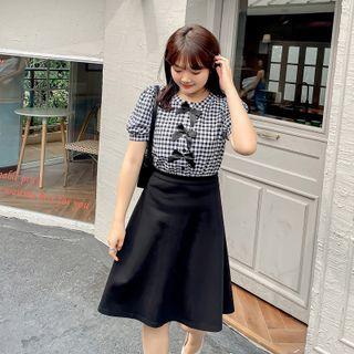 Short-sleeve Gingham Panel Mini A-line Dress