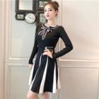 Long-sleeve Two-tone A-line Mini Dress Black - One Size