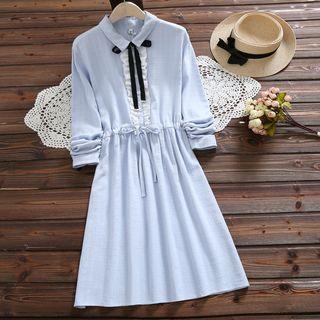 Long-sleeve Ribbon-accent Gathered-waist Dress