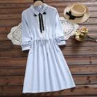Long-sleeve Ribbon-accent Gathered-waist Dress