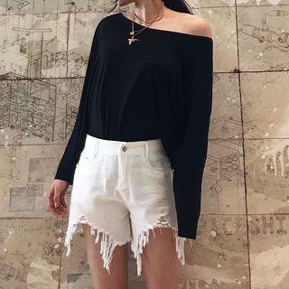 Single-shoulder Long-sleeve Top Black - One Size