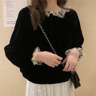 Lace Trim Long-sleeve Knit Top Black - One Size