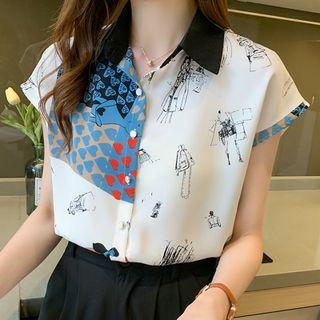 Cap-sleeve Graphic Print Chiffon Shirt
