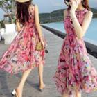 Sleeveless Floral Chiffon Asymmetric A-line Dress