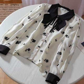 Long-sleeve Two-tone Floral Print Shirt