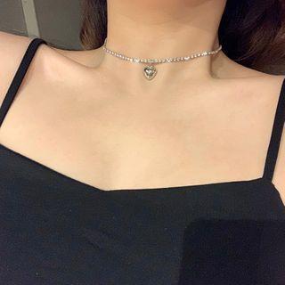 Rhinestone Heart Pendant Choker Silver - One Size