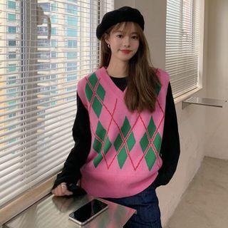 V-neck Argyle Jacquard Knit Vest Rose Pink - One Size