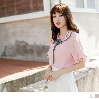 Embroidered Peter Pan Collar Lace Up Top