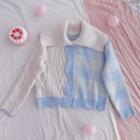 Collared Gingham Panel Cable Knit Cardigan White & Blue - One Size