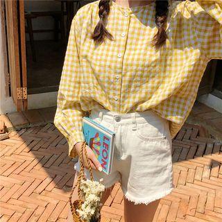 Round Neck Plaid Blouse Yellow - One Size