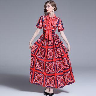 Short-sleeve Ribbon Printed A-line Maxi Dress