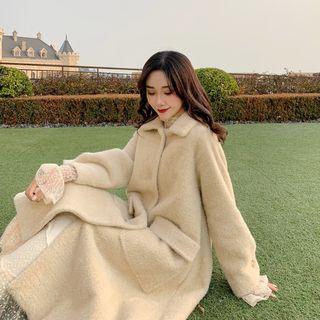 Plain Loose-fit Long Coat Beige - One Size