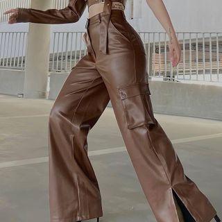 Faux Leather Cargo Wide-leg Pants