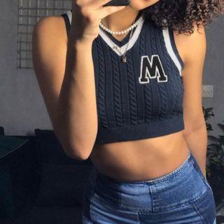 Letter Embroidered Cropped Cable-knit Vest