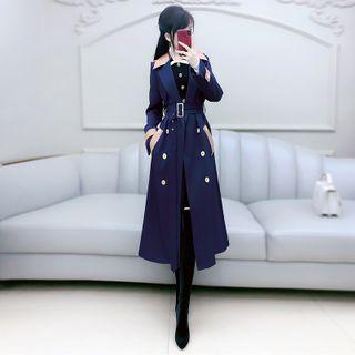 Belt-waist Double Breasted Long Coat
