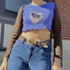 Long Sleeve Lettuce Edge Heart Color-block Embroidered Crop Top