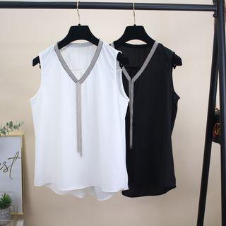 Bead Tassel Sleeveless V-neck Chiffon Top