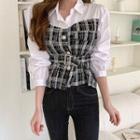 Puff-shoulder Tweed Panel Blouse With Belt