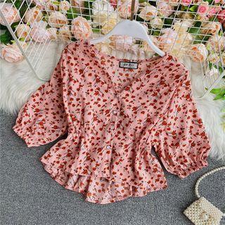 Drawstring Floral Print V-neck Chiffon Blouse