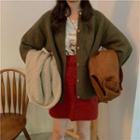 Long-sleeve Plain Knit Cardigan / High-waist Plain Mini Skirt
