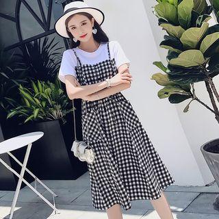 Mock Two-piece Short-sleeve Gingham Paneled A-line Midi Dress