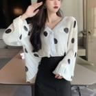 Polka Dot V-neck Chiffon Flare-sleeve Top