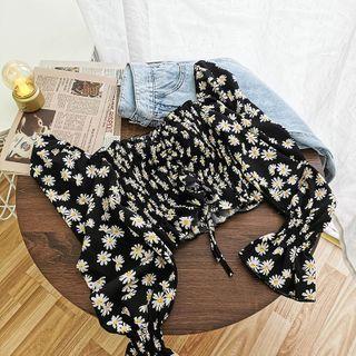 Daisy Print Off-shoulder Chiffon Cropped Top