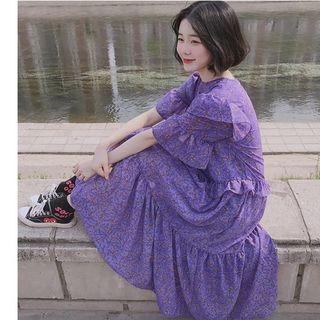 Bell-sleeve Floral Maxi Chiffon Dress Purple - One Size
