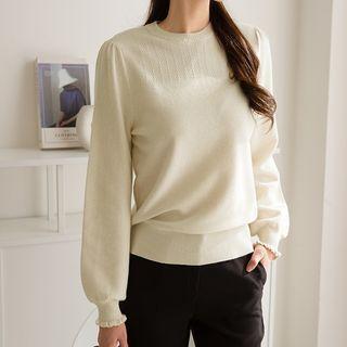 Bishop-sleeve Herringbone Knit Top