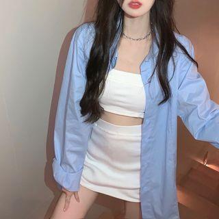 Long-sleeve Plain Loose-fit Shirt As Figure - One Size