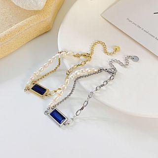 Rectangle Freshwater Pearl Layered Alloy Bracelet