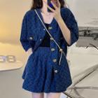 Set: Elbow-sleeve Denim Jacket + Wide Leg Denim Shorts