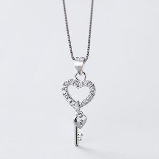 Rhinestone Heart Key Pendant 1 Pc - S925 Sterling Silver Rhinestone Heart Key Pendant - One Size