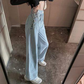 Lace-up Side-chain Wide-leg Jeans