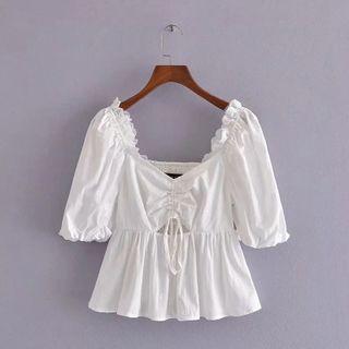 Elbow-sleeve Ruffled Peplum Blouse