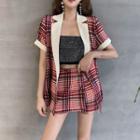 Rhinestone Tube Top / Short-sleeve Blazer / A-line Skirt / Set